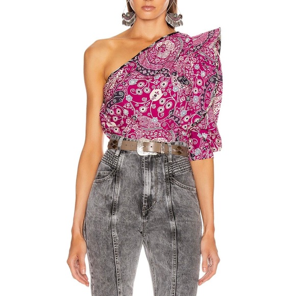 ISABEL MARANT ETOILE Carina Top Womens 40 Pink Printed One Shoulder Blouse - Picture 1 of 16